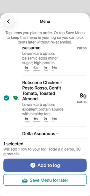 Menu scanner with carb counts