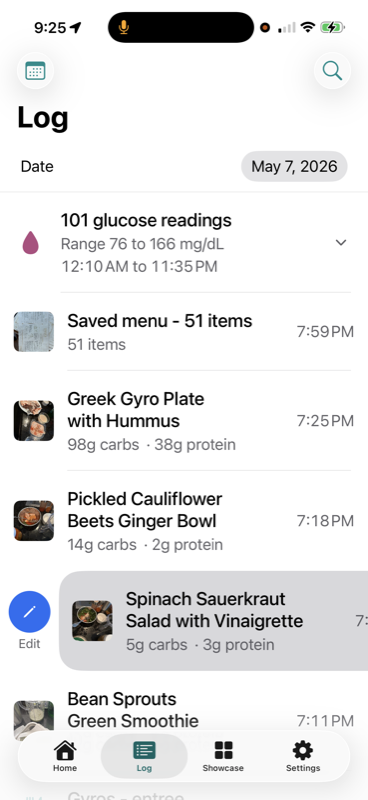 Daily log with glucose readings, meals, and photos