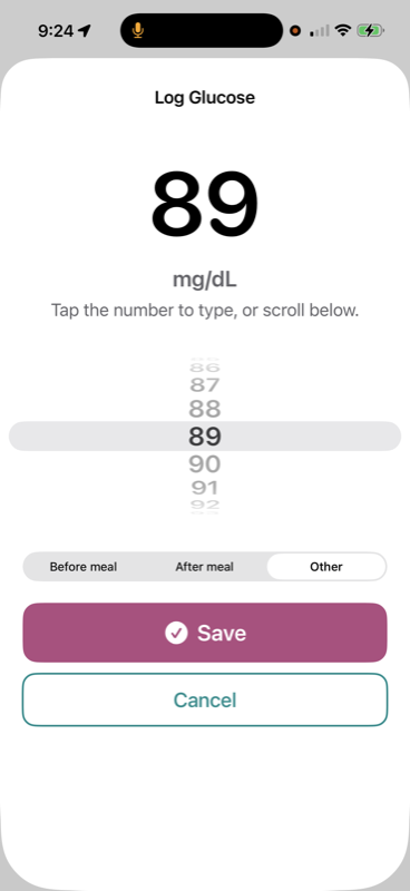 Manual glucose entry with before/after meal tagging