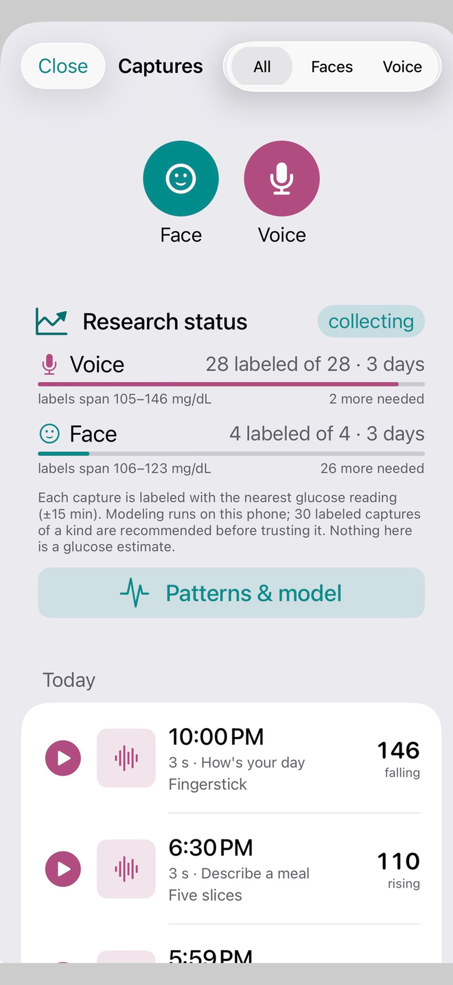 Captures: voice and face check-ins, each labeled with the nearest glucose reading, with research status bars and the on-phone Patterns and model view