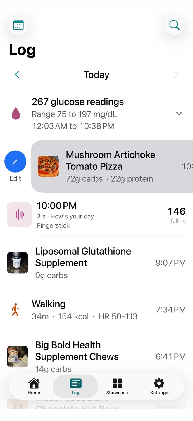 Log: a day's entries in one list, 267 glucose readings rolled up, meals with photos, a voice note labeled with its glucose reading, and a walk from Apple Health