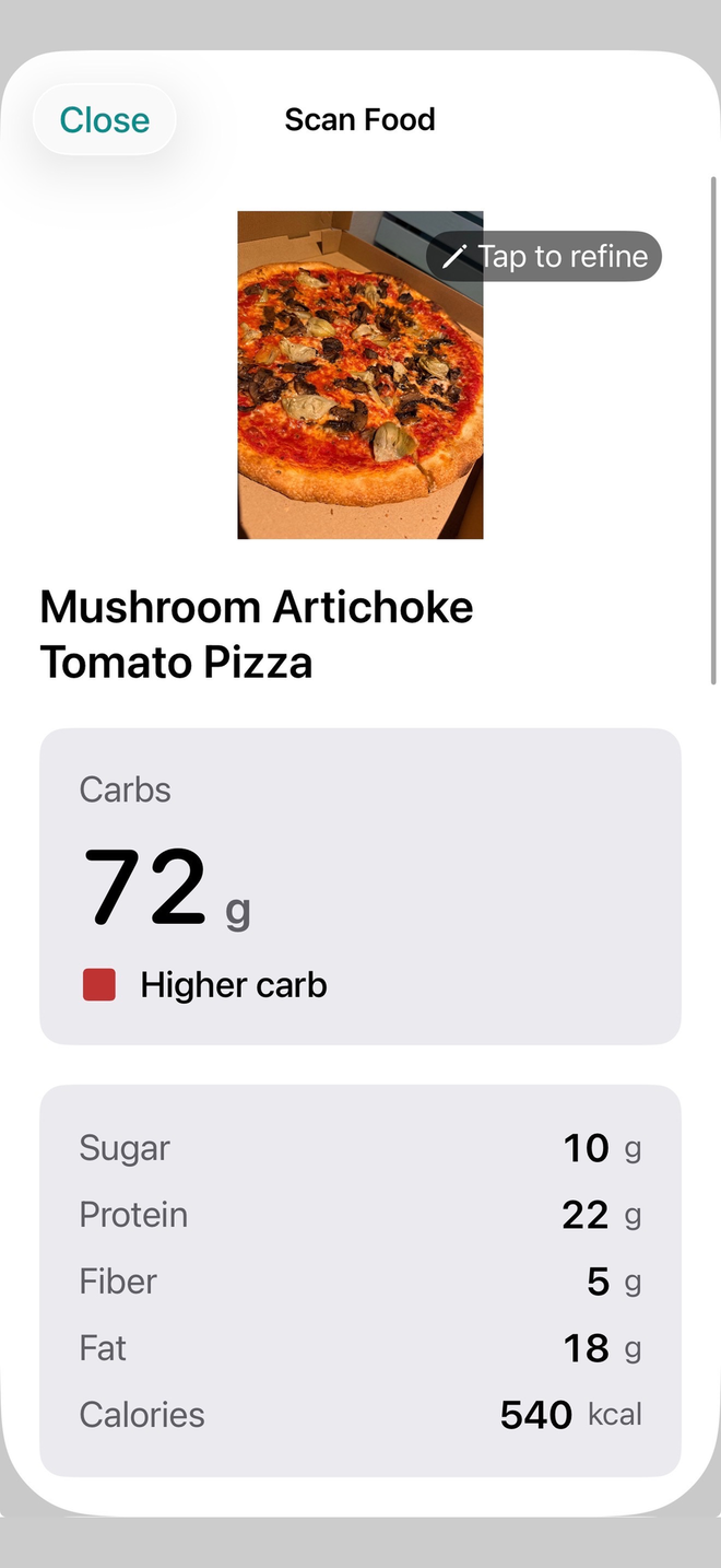 Scan Food: a photographed pizza identified as Mushroom Artichoke Tomato Pizza, 72 g carbs flagged as higher carb, with sugar, protein, fiber, fat and calories