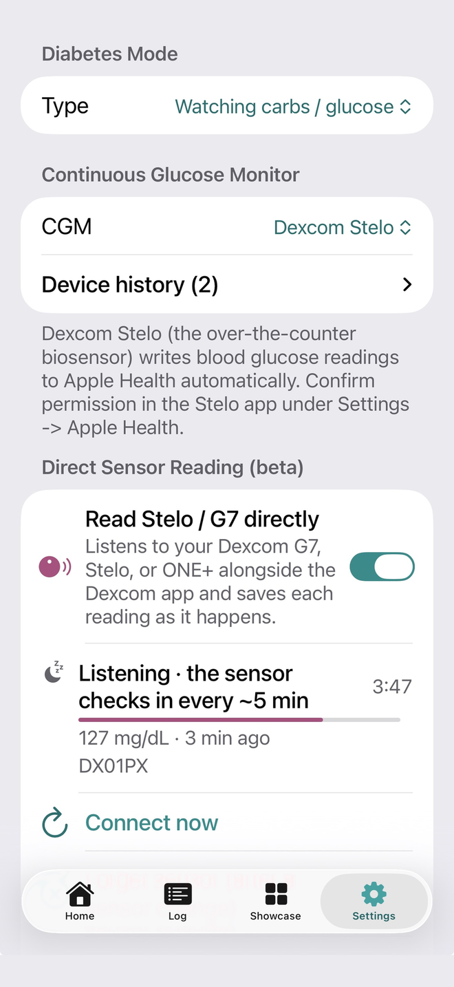 Food Health TxD Settings on iPhone: Direct Sensor Reading (beta) listening to a Dexcom Stelo, 127 mg/dL 3 min ago